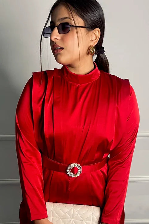 Red Power Satin Jumpsuit